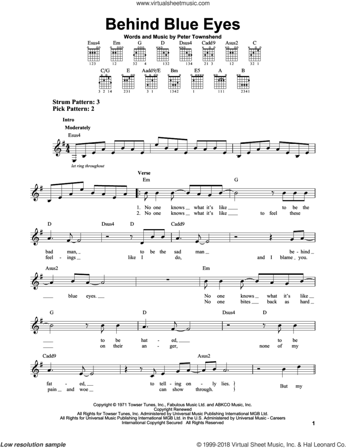Behind Blue Eyes sheet music for guitar solo (chords) by The Who, easy guitar (chords)