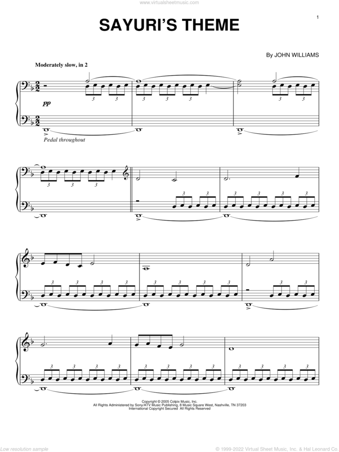 Sayuri's Theme sheet music for piano solo by John Williams and Memoirs Of A Geisha (Movie), intermediate skill level