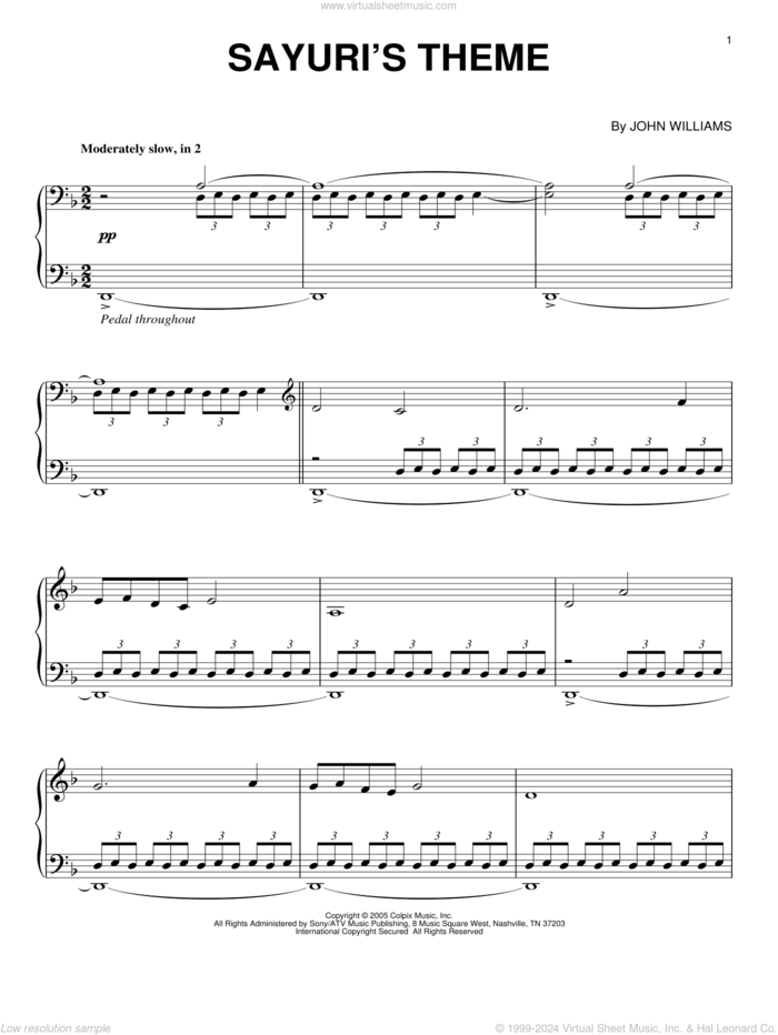 Sayuri's Theme sheet music for piano solo by John Williams and Memoirs Of A Geisha (Movie), intermediate skill level