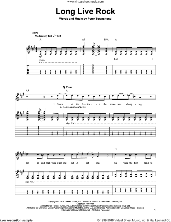 Long Live Rock sheet music for guitar (tablature, play-along) by The Who, intermediate skill level