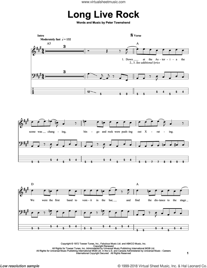 Long Live Rock sheet music for bass (tablature) (bass guitar) by The Who, intermediate skill level