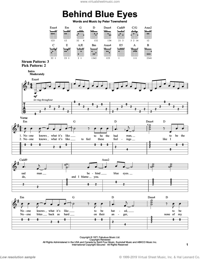 Behind Blue Eyes sheet music for guitar solo (easy tablature) by The Who, easy guitar (easy tablature)