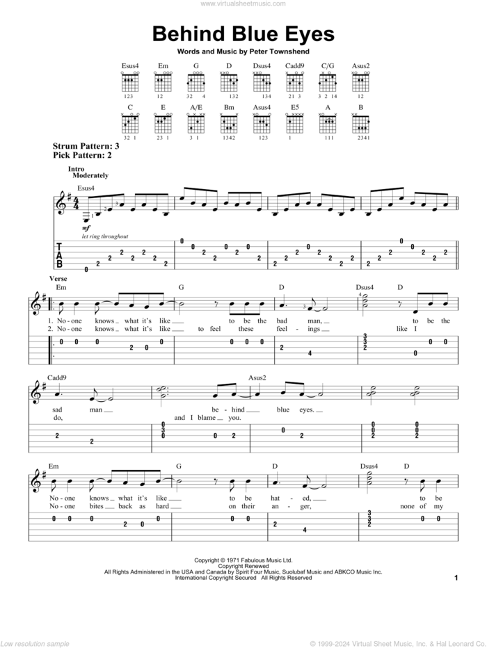 Behind Blue Eyes sheet music for guitar solo (easy tablature) by The Who, easy guitar (easy tablature)