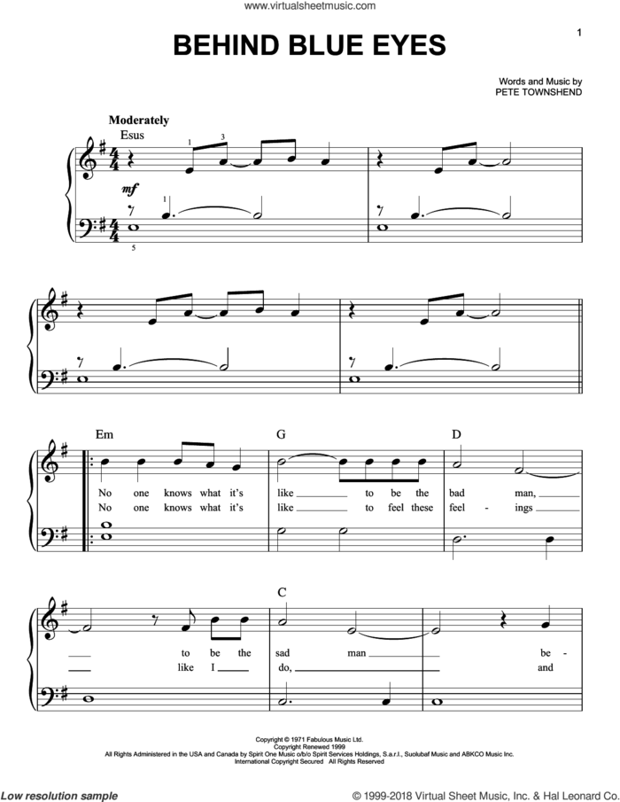 Behind Blue Eyes sheet music for piano solo by The Who, beginner skill level