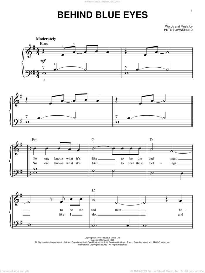 Behind Blue Eyes sheet music for piano solo by The Who, beginner skill level