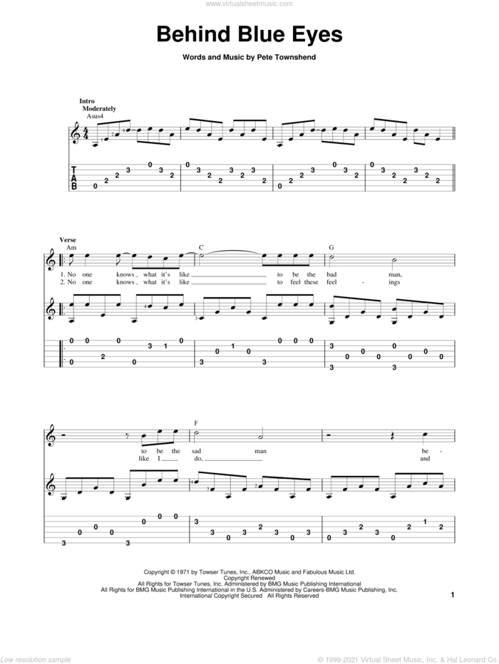 Behind Blue Eyes, (intermediate) sheet music for guitar solo by The Who, intermediate skill level