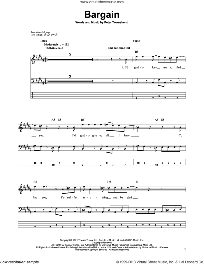 Bargain sheet music for bass (tablature) (bass guitar) by The Who and Pete Townshend, intermediate skill level