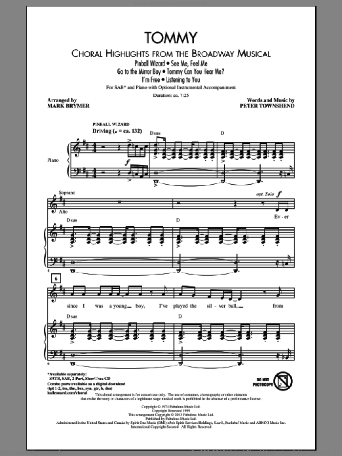 Tommy (Choral Highlights from the Broadway Musical) (arr. Mark Brymer) sheet music for choir (SAB: soprano, alto, bass) by Mark Brymer, Pete Townshend and The Who, intermediate skill level
