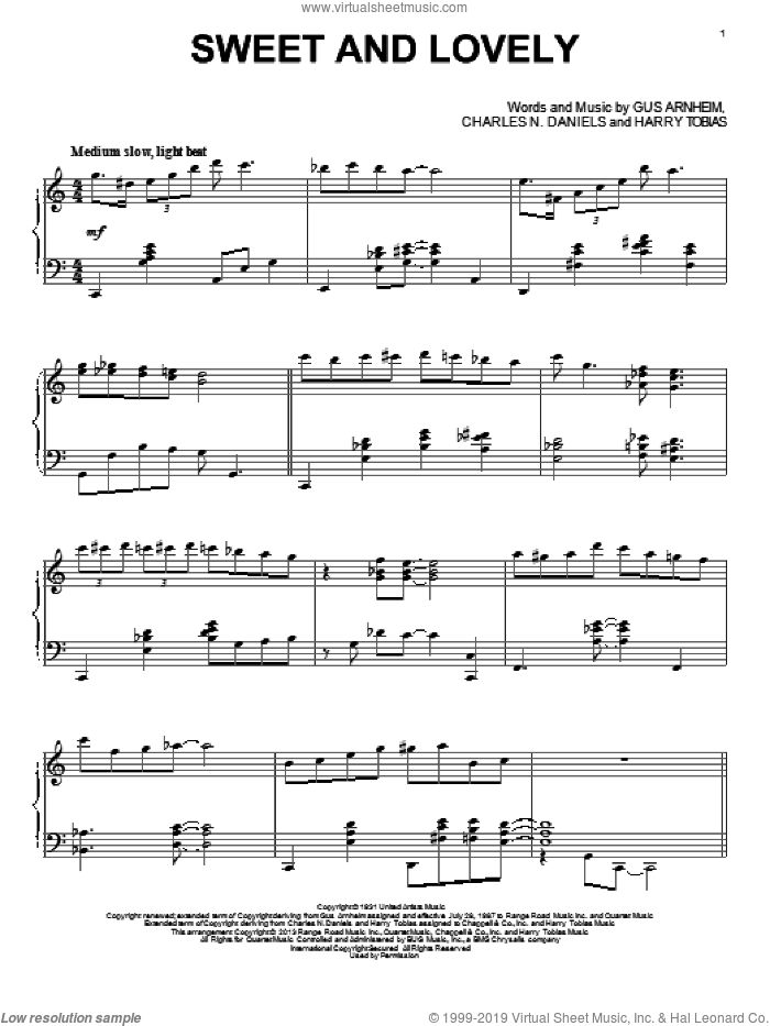 Sweet And Lovely sheet music for piano solo by Harry Tobias and Alan Jay Lerner, intermediate skill level
