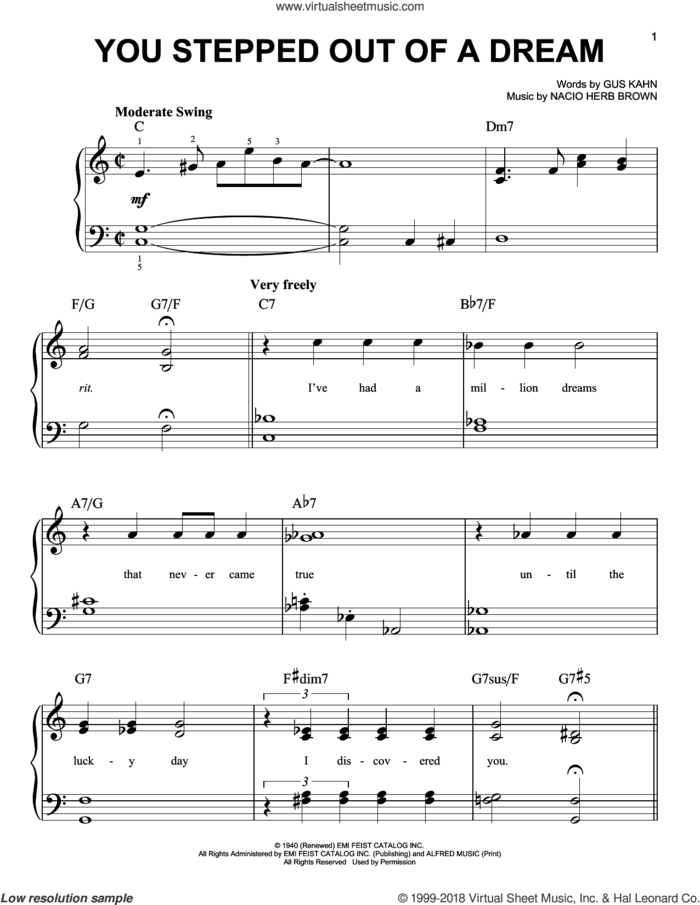 You Stepped Out Of A Dream sheet music for piano solo by Nacio Herb Brown and Gus Kahn, beginner skill level
