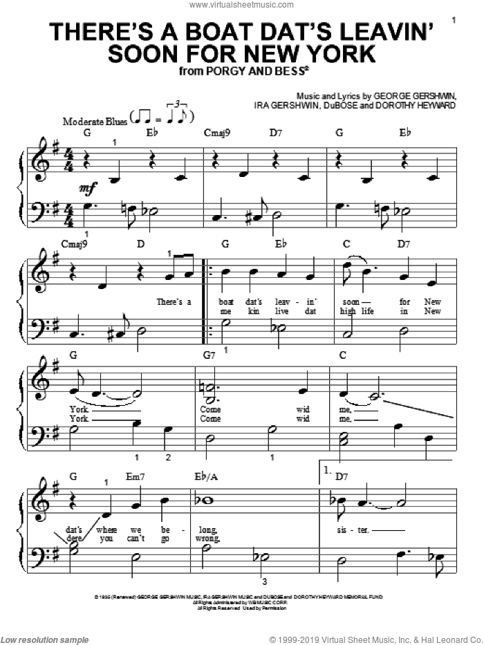 There's A Boat Dat's Leavin' Soon For New York sheet music for piano solo (big note book) by George Gershwin and Ira Gershwin, easy piano (big note book)