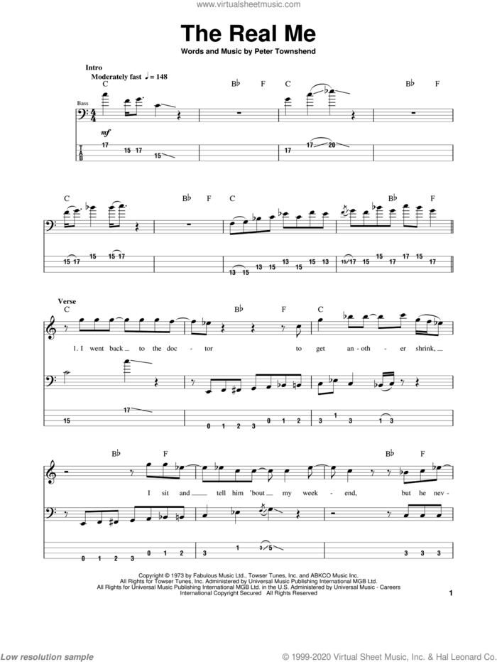 The Real Me sheet music for bass (tablature) (bass guitar) by The Who and Pete Townshend, intermediate skill level