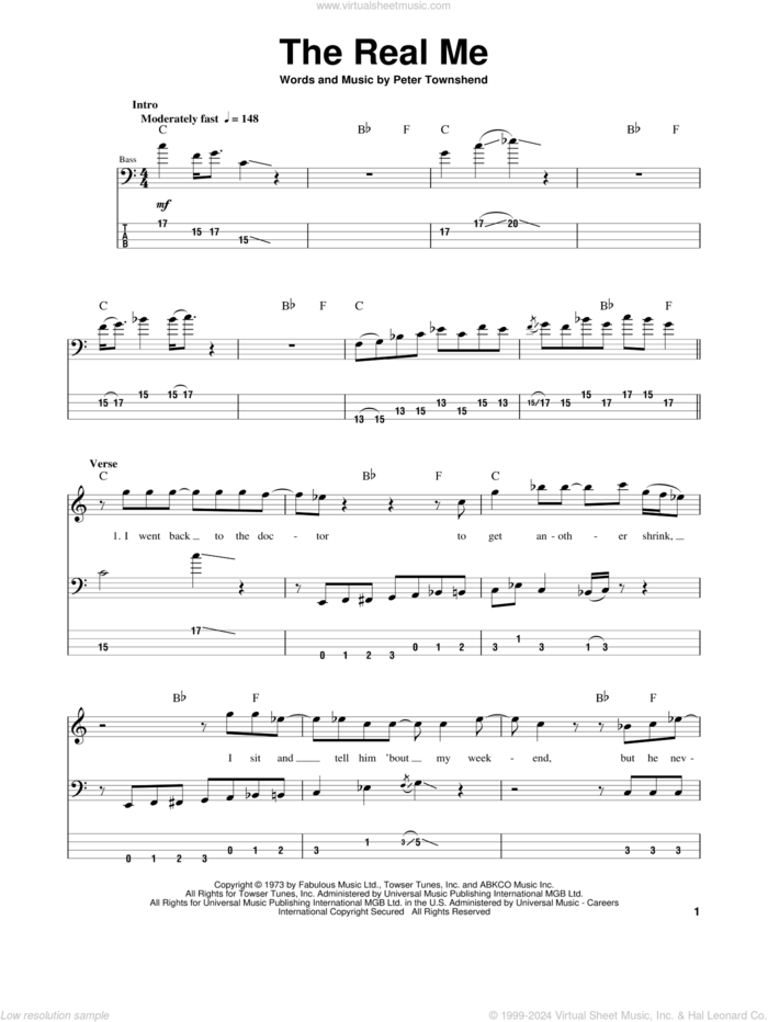 The Real Me sheet music for bass (tablature) (bass guitar) by The Who and Pete Townshend, intermediate skill level