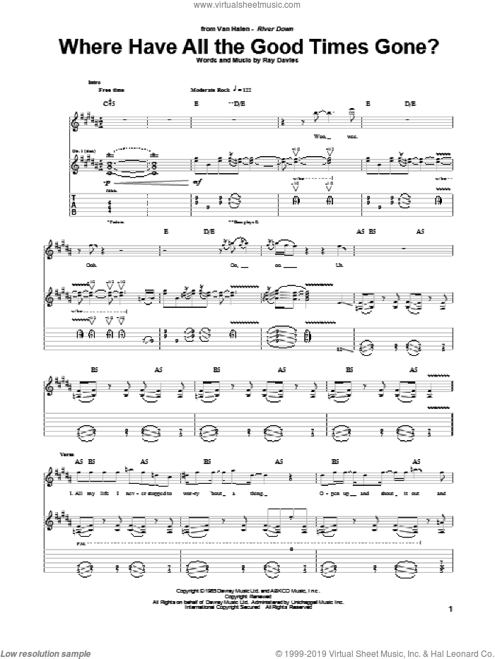 Where Have All The Good Times Gone? sheet music for guitar (tablature) by Edward Van Halen and Ray Davies, intermediate skill level