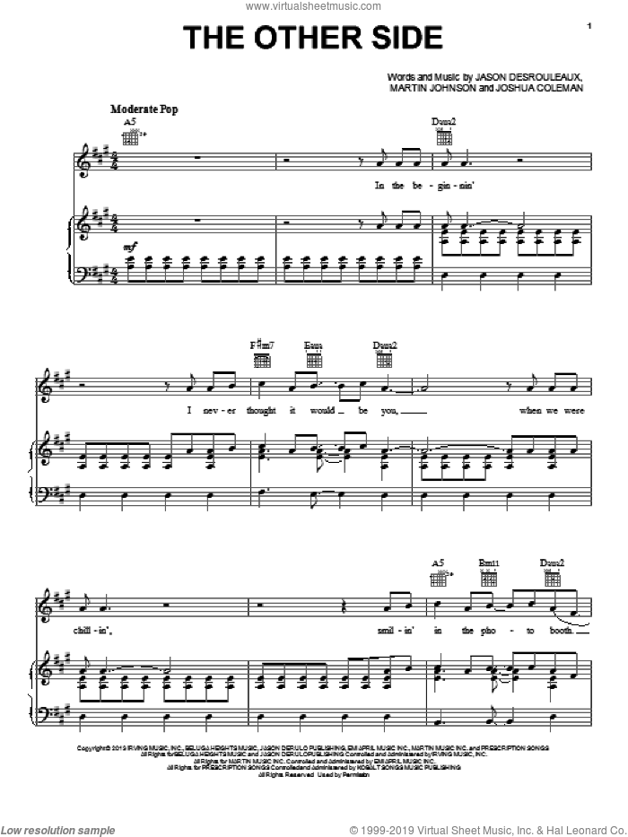 The Other Side sheet music for voice, piano or guitar by Jason Derulo, intermediate skill level