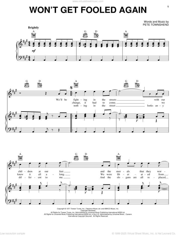 Won't Get Fooled Again sheet music for voice, piano or guitar by The Who, intermediate skill level