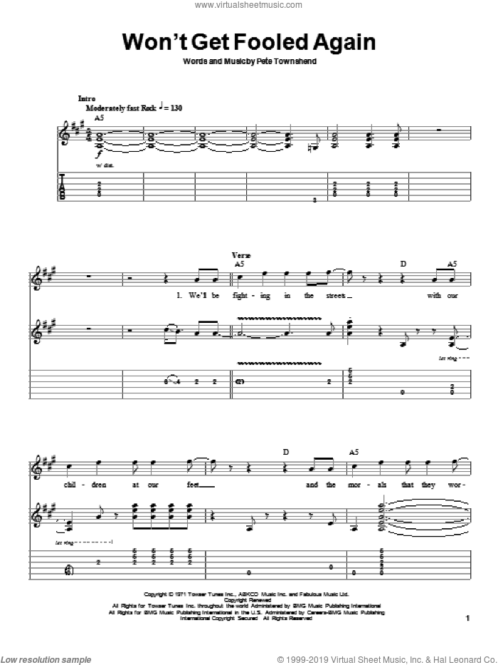 Won't Get Fooled Again sheet music for guitar (tablature, play-along) by The Who, intermediate skill level