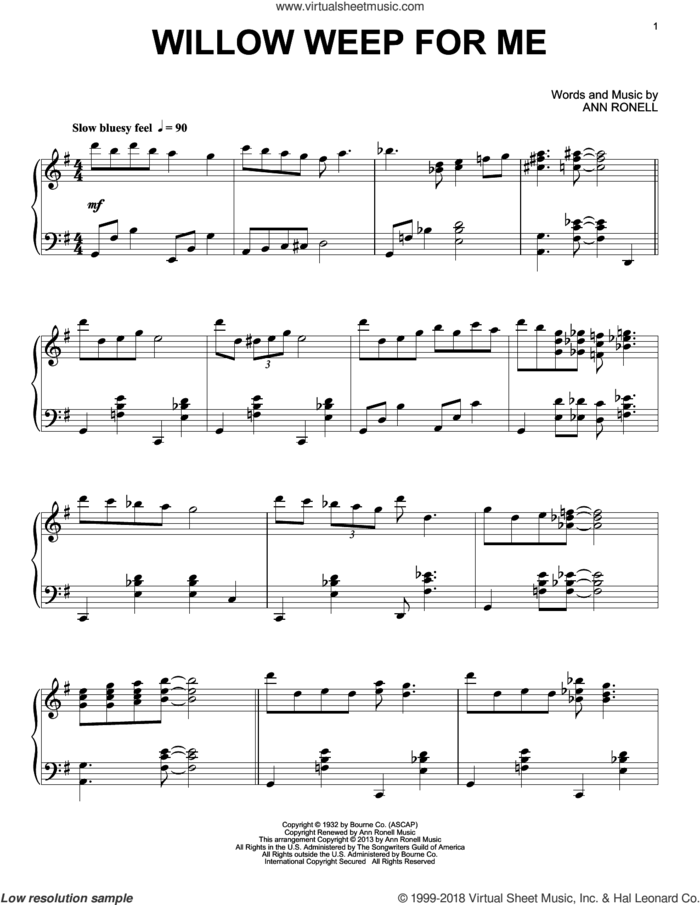 Willow Weep For Me sheet music for piano solo by Chad & Jeremy, Alan Jay Lerner and Ann Ronell, intermediate skill level