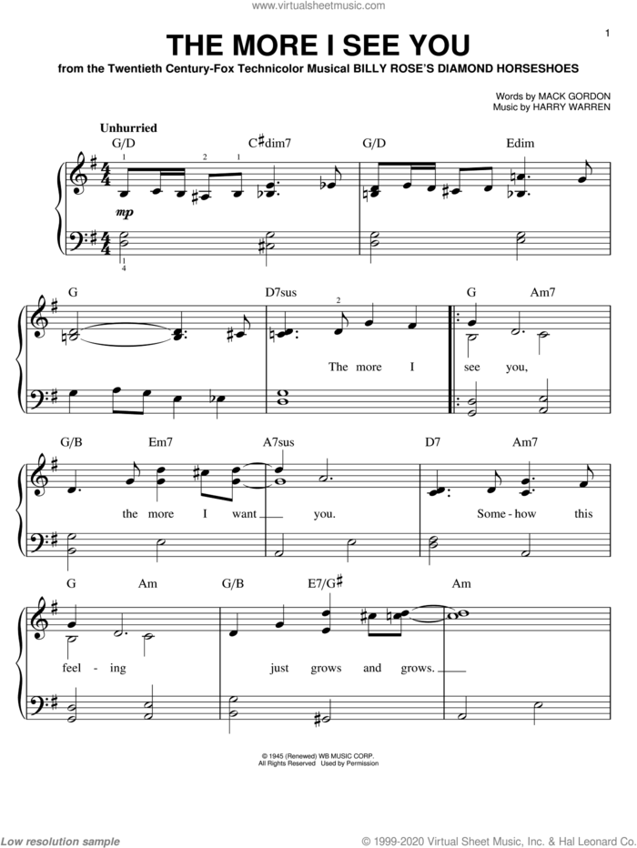 The More I See You sheet music for piano solo by Harry Warren and Mack Gordon, easy skill level
