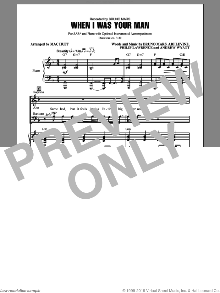 When I Was Your Man (arr. Mac Huff) sheet music for choir (SAB: soprano, alto, bass) by Mac Huff and Bruno Mars, intermediate skill level