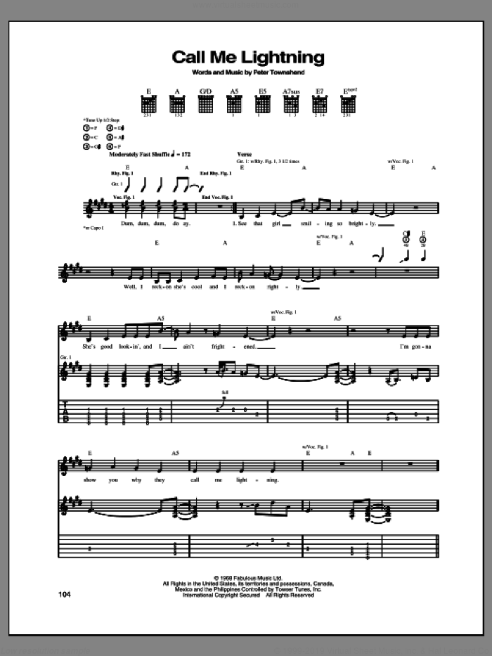 Call Me Lightning sheet music for guitar (tablature) by The Who and Pete Townshend, intermediate skill level
