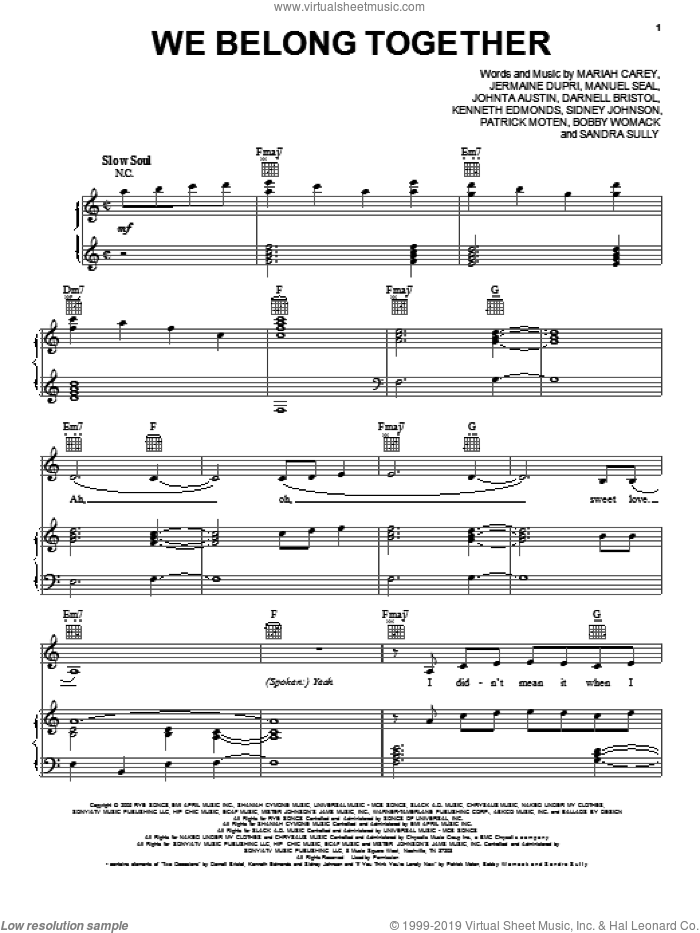 We Belong Together sheet music for voice, piano or guitar by Mariah Carey, intermediate skill level