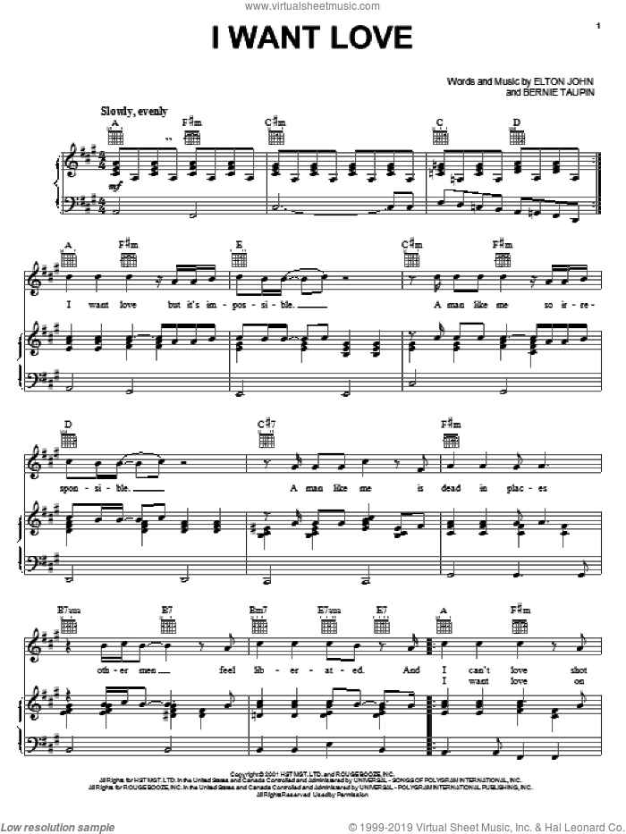 I Want Love sheet music for voice, piano or guitar by Elton John and Bernie Taupin, intermediate skill level