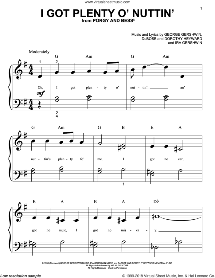 I Got Plenty O' Nuttin' sheet music for piano solo (big note book) by George Gershwin, Dorothy Heyward, DuBose Heyward and Ira Gershwin, easy piano (big note book)
