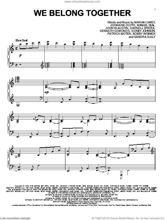 We Belong Together sheet music for piano solo by Mariah Carey, intermediate skill level