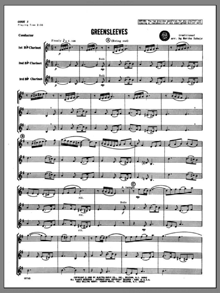 Greensleeves (COMPLETE) sheet music for clarinet trio by Sobaje and Miscellaneous, classical score, intermediate skill level
