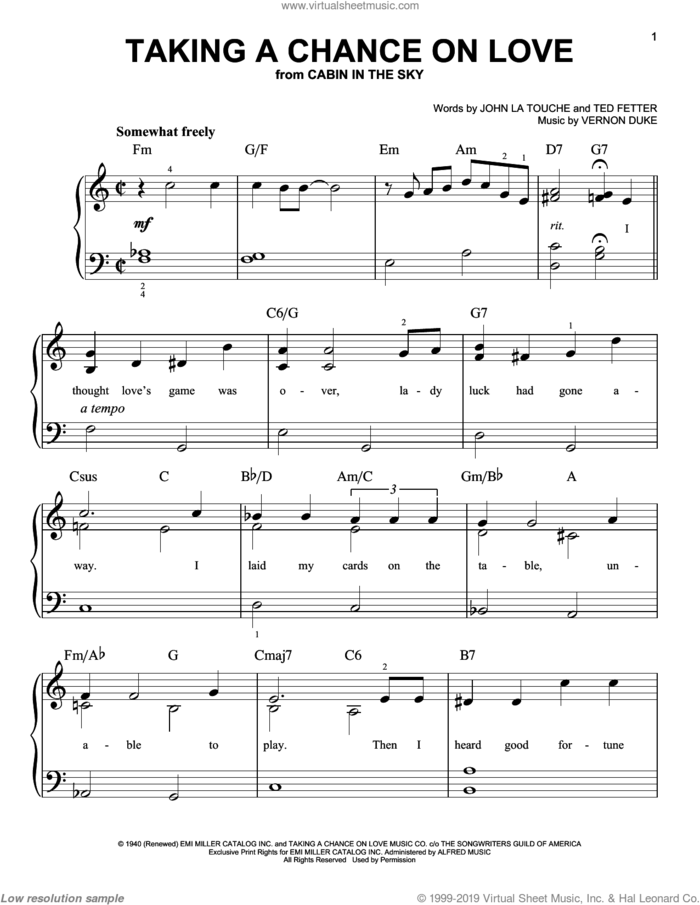 Taking A Chance On Love sheet music for piano solo by Ted Fetter, John Latouche and Vernon Duke, easy skill level