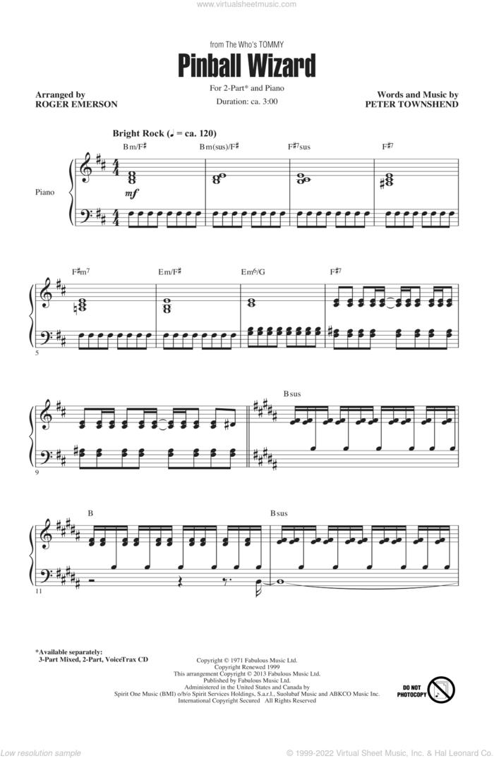 Pinball Wizard sheet music for choir (2-Part) by Elton John, Roger Emerson and The Who, intermediate duet