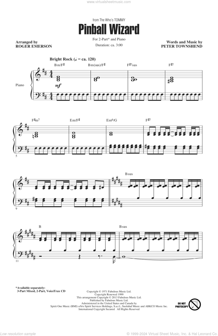 Pinball Wizard sheet music for choir (2-Part) by Elton John, Roger Emerson and The Who, intermediate duet