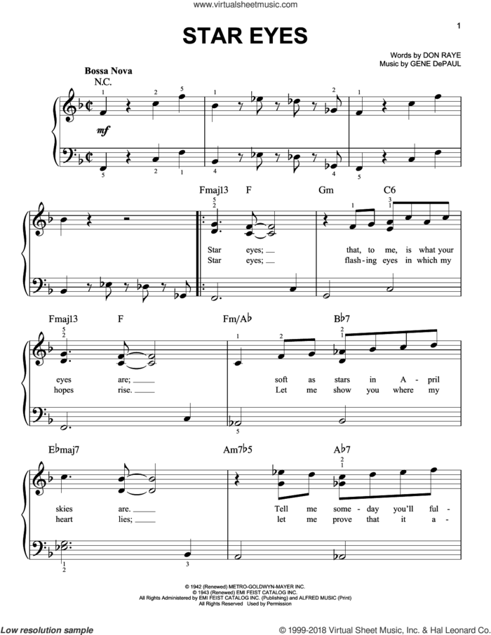 Star Eyes sheet music for piano solo by Charlie Parker, Don Raye and Gene DePaul, beginner skill level
