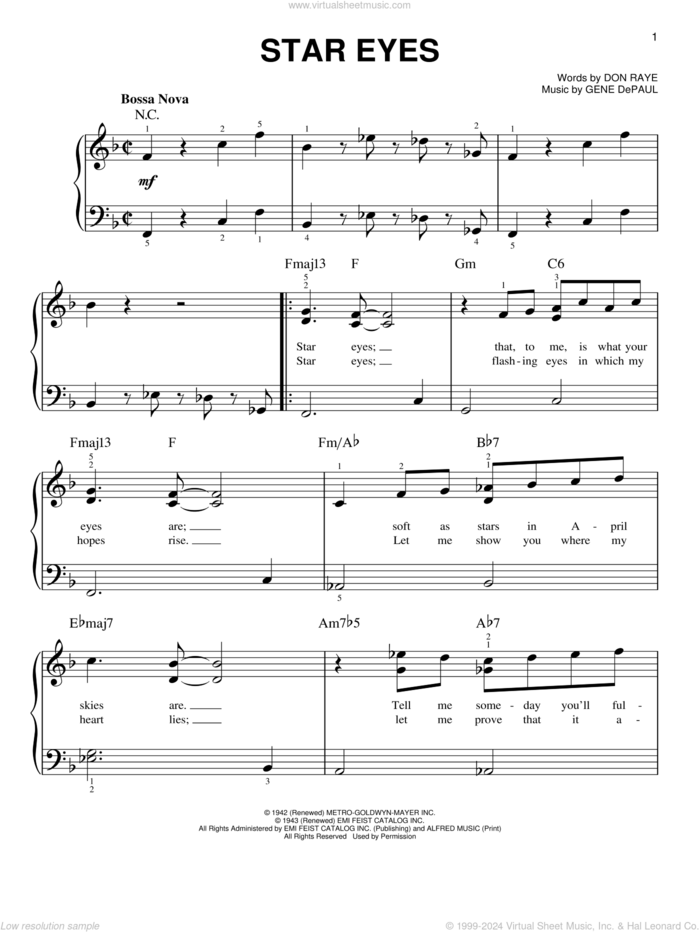 Star Eyes sheet music for piano solo by Charlie Parker, Don Raye and Gene DePaul, beginner skill level