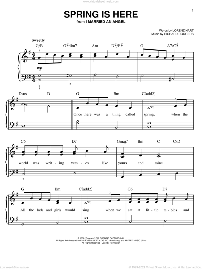 Spring Is Here, (easy) sheet music for piano solo by Rodgers & Hart, Lorenz Hart and Richard Rodgers, easy skill level