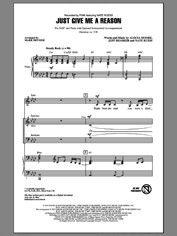 Just Give Me A Reason sheet music for choir (SAB: soprano, alto, bass) by Mark Brymer and Miscellaneous, intermediate skill level