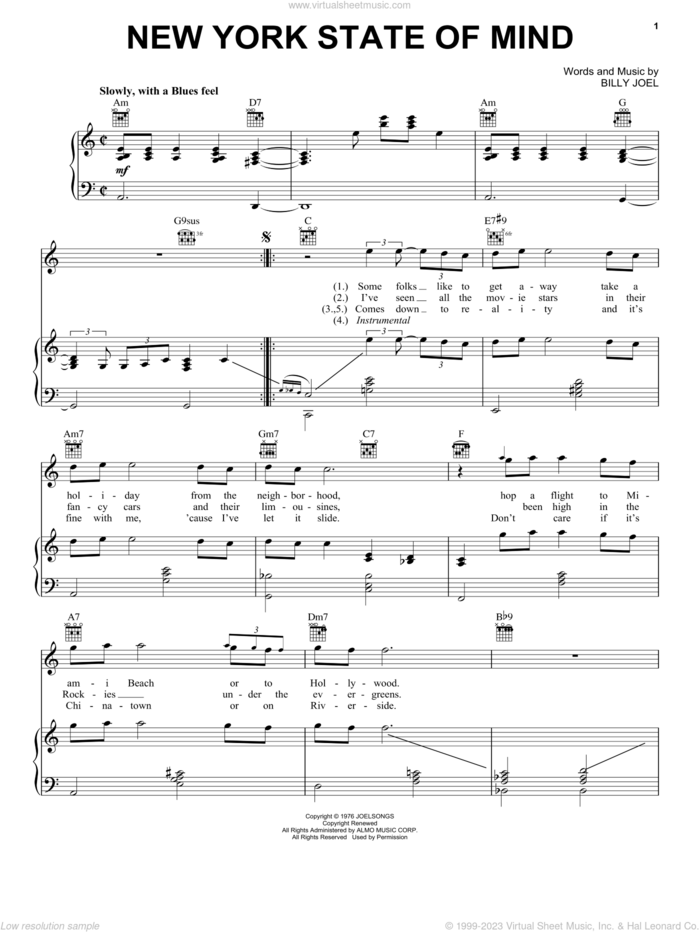 New York State Of Mind sheet music for voice, piano or guitar by Billy Joel, Carmen McRae and Mel Torme, intermediate skill level