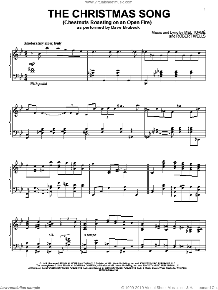 The Christmas Song (Chestnuts Roasting On An Open Fire), (intermediate) sheet music for piano solo by Mel Torme, wedding score, intermediate skill level
