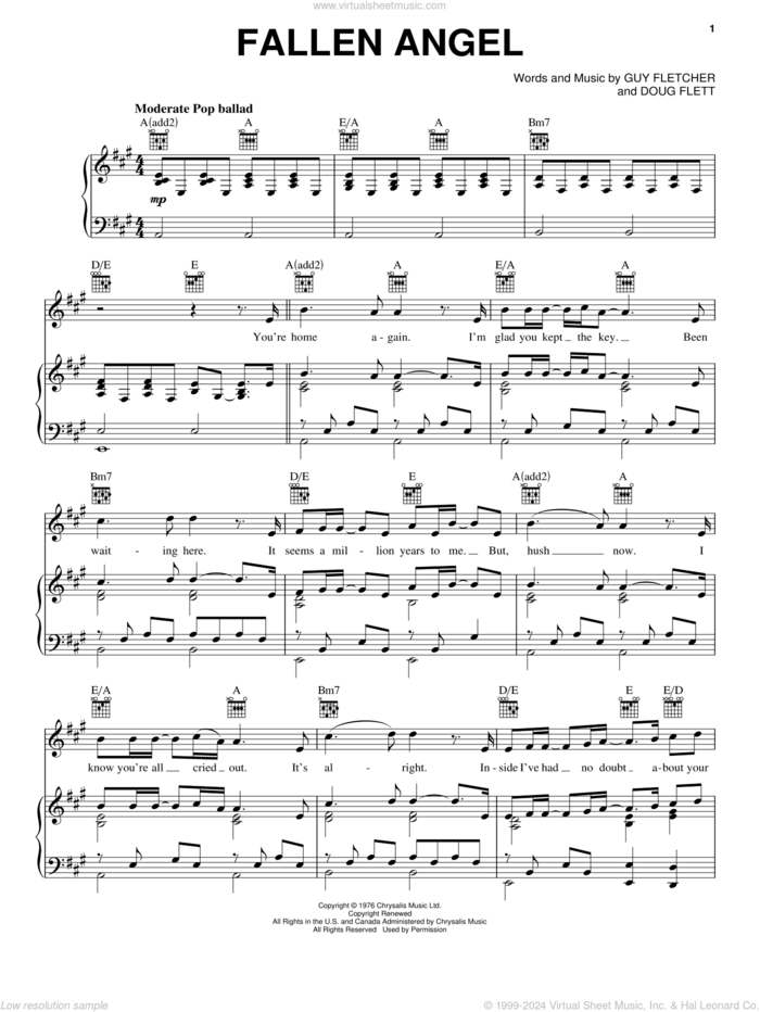 Fallen Angel sheet music for voice, piano or guitar by Frankie Valli & The Four Seasons, Frankie Valli, Jersey Boys (Musical), The Four Seasons, Doug Flett and Guy Fletcher, intermediate skill level