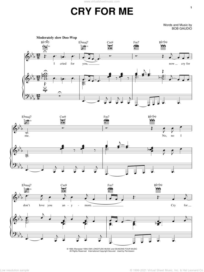 Cry For Me sheet music for voice, piano or guitar by Frankie Valli, Jersey Boys (Musical) and Bob Gaudio, intermediate skill level