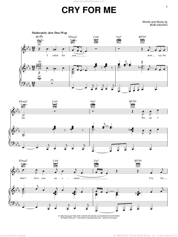 Cry For Me sheet music for voice, piano or guitar by Frankie Valli, Jersey Boys (Musical) and Bob Gaudio, intermediate skill level