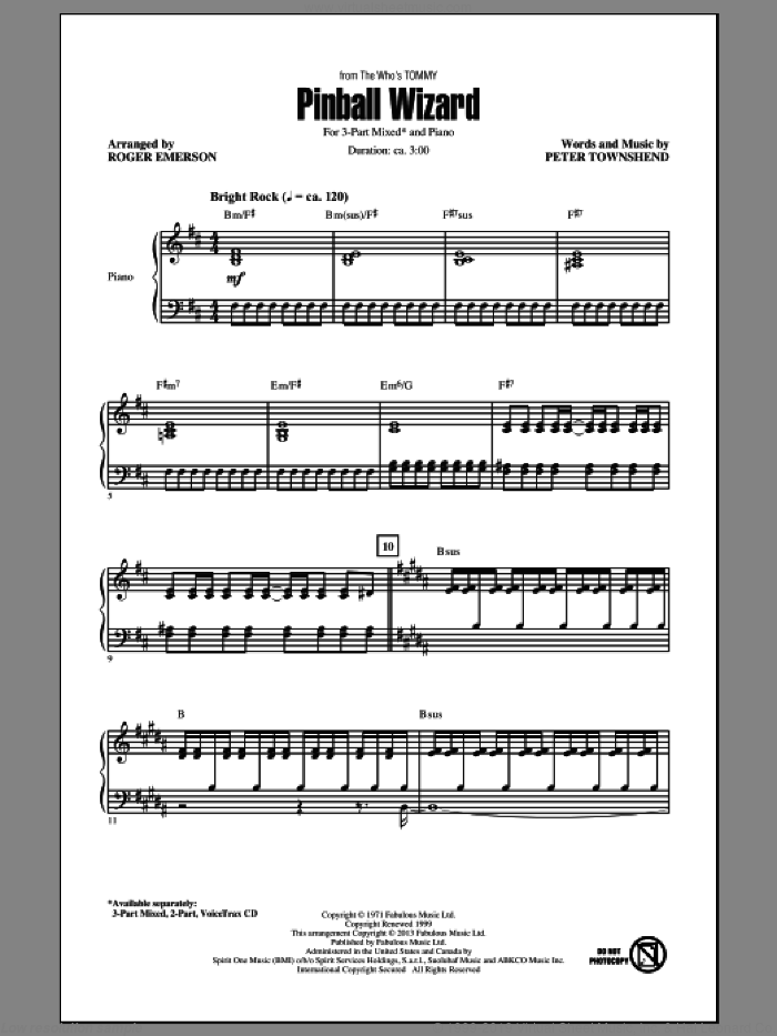 Pinball Wizard sheet music for choir (3-Part Mixed) by Elton John, Roger Emerson and The Who, intermediate skill level