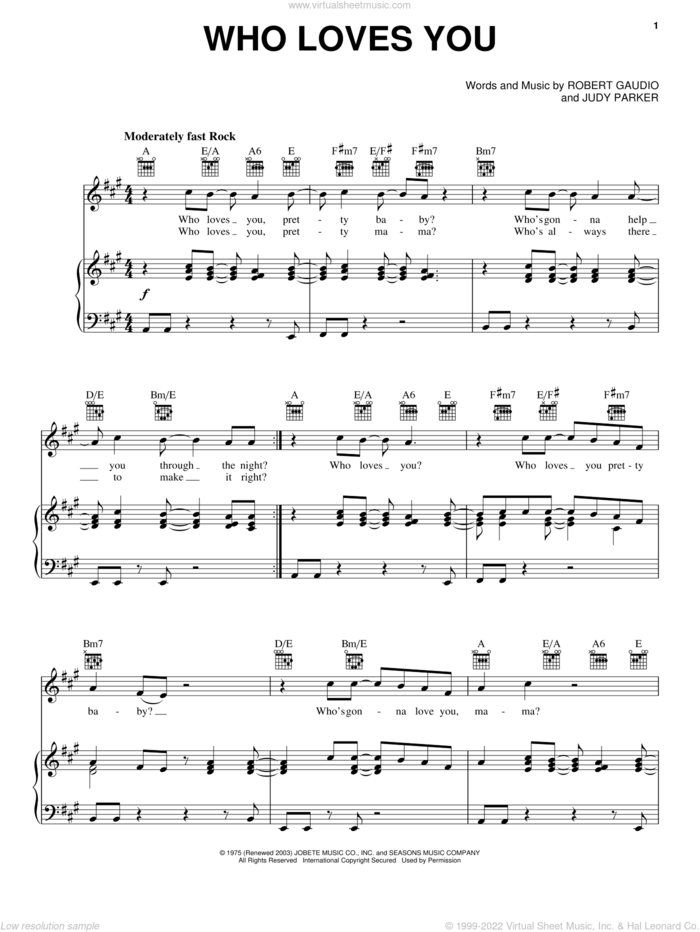 Who Loves You sheet music for voice, piano or guitar by Frankie Valli & The Four Seasons, Frankie Valli, Jersey Boys (Musical), The Four Seasons, Judy Parker and Robert Gaudio, intermediate skill level