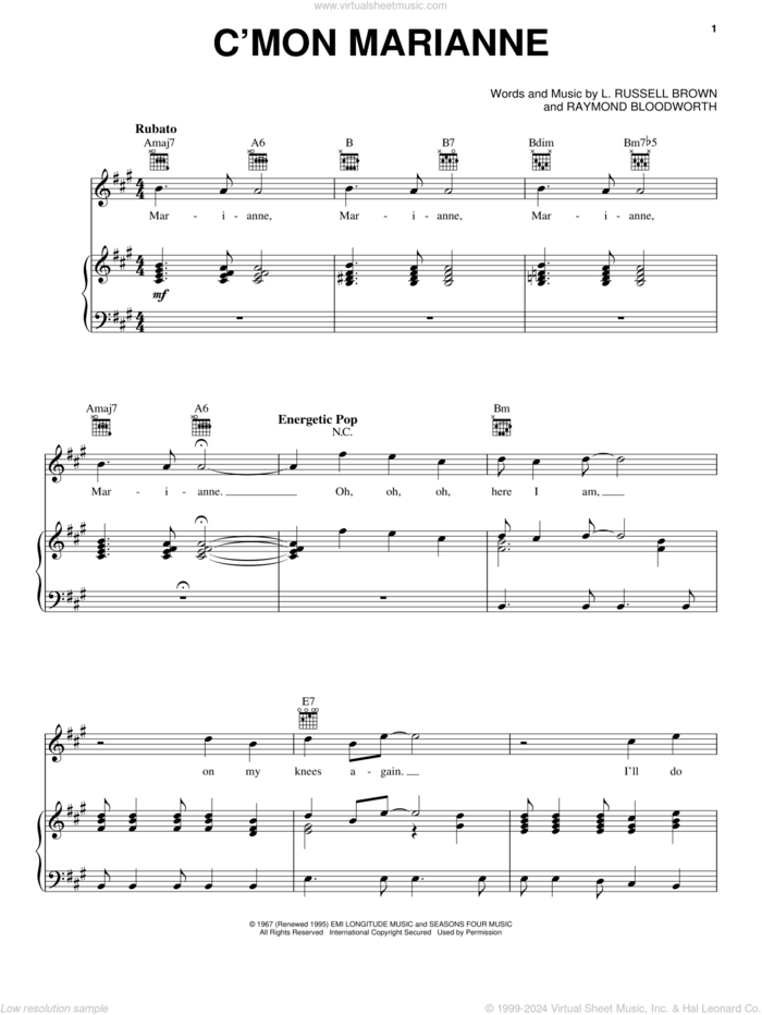 C'mon Marianne sheet music for voice, piano or guitar by Frankie Valli & The Four Seasons, Frankie Valli, Jersey Boys (Musical), The Four Seasons, L. Russell Brown and Raymond Bloodworth, intermediate skill level
