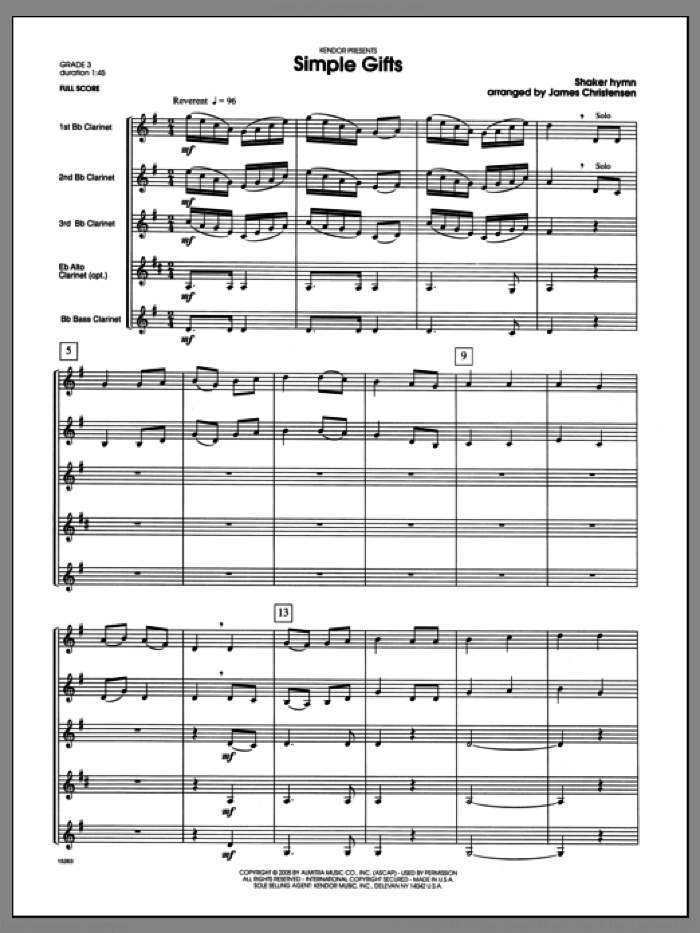 Simple Gifts (COMPLETE) sheet music for four clarinets by Christensen and Miscellaneous, classical score, intermediate skill level