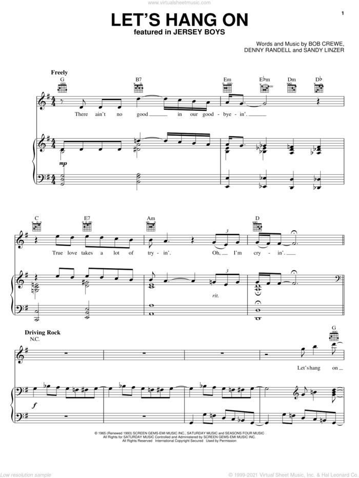 Let's Hang On sheet music for voice, piano or guitar by Frankie Valli & The Four Seasons, Frankie Valli, Jersey Boys (Musical), Manhattan Transfer, The Four Seasons, Bob Crewe, Denny Randell and Sandy Linzer, intermediate skill level