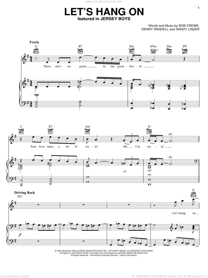 Let's Hang On sheet music for voice, piano or guitar by Frankie Valli & The Four Seasons, Frankie Valli, Jersey Boys (Musical), Manhattan Transfer, The Four Seasons, Bob Crewe, Denny Randell and Sandy Linzer, intermediate skill level