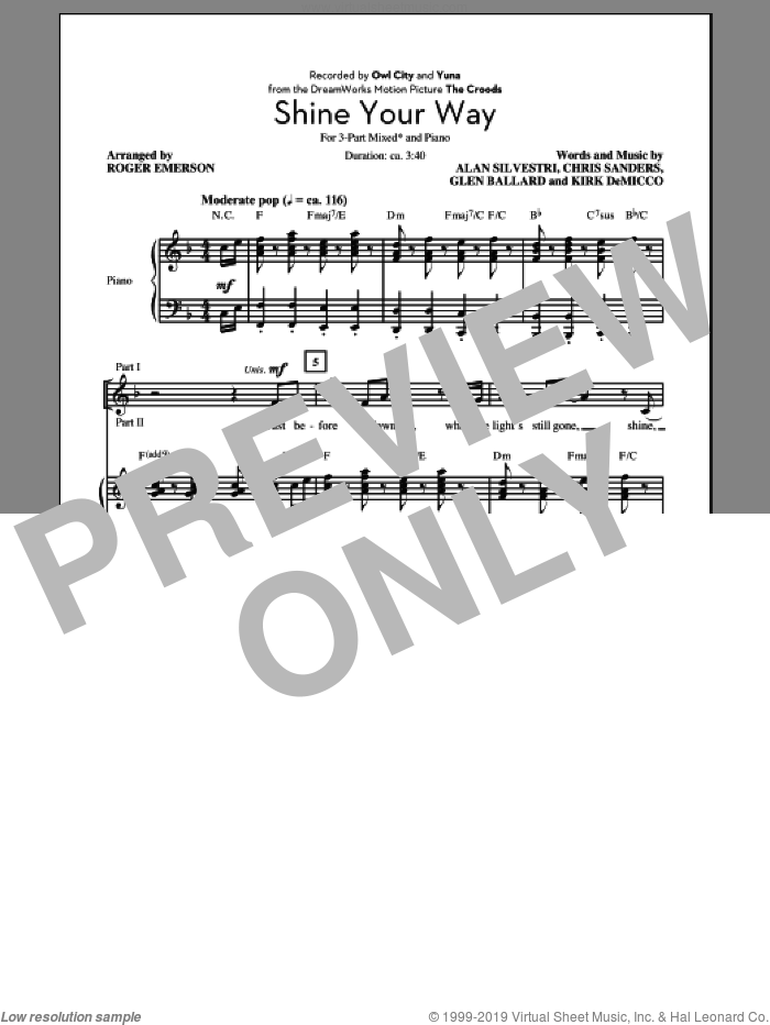 Shine Your Way (from The Croods) (arr. Roger Emerson) sheet music for choir (3-Part Mixed) by Roger Emerson, Alan Silvestri, Chris Sanders, Glen Ballard, Kirk DeMicco and Owl City, intermediate skill level