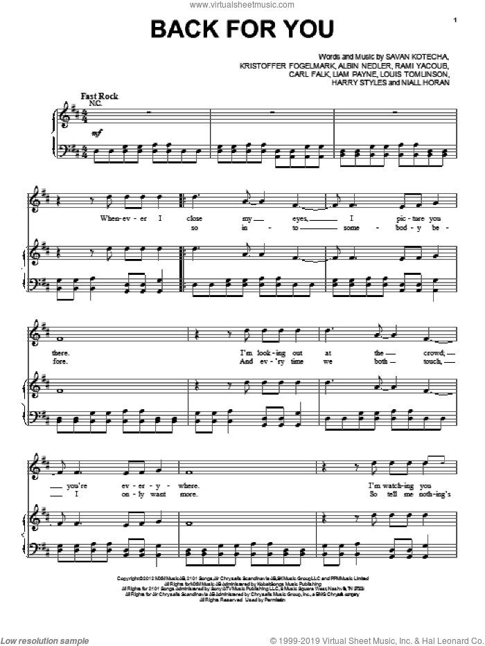 Back For You sheet music for voice, piano or guitar by One Direction, intermediate skill level